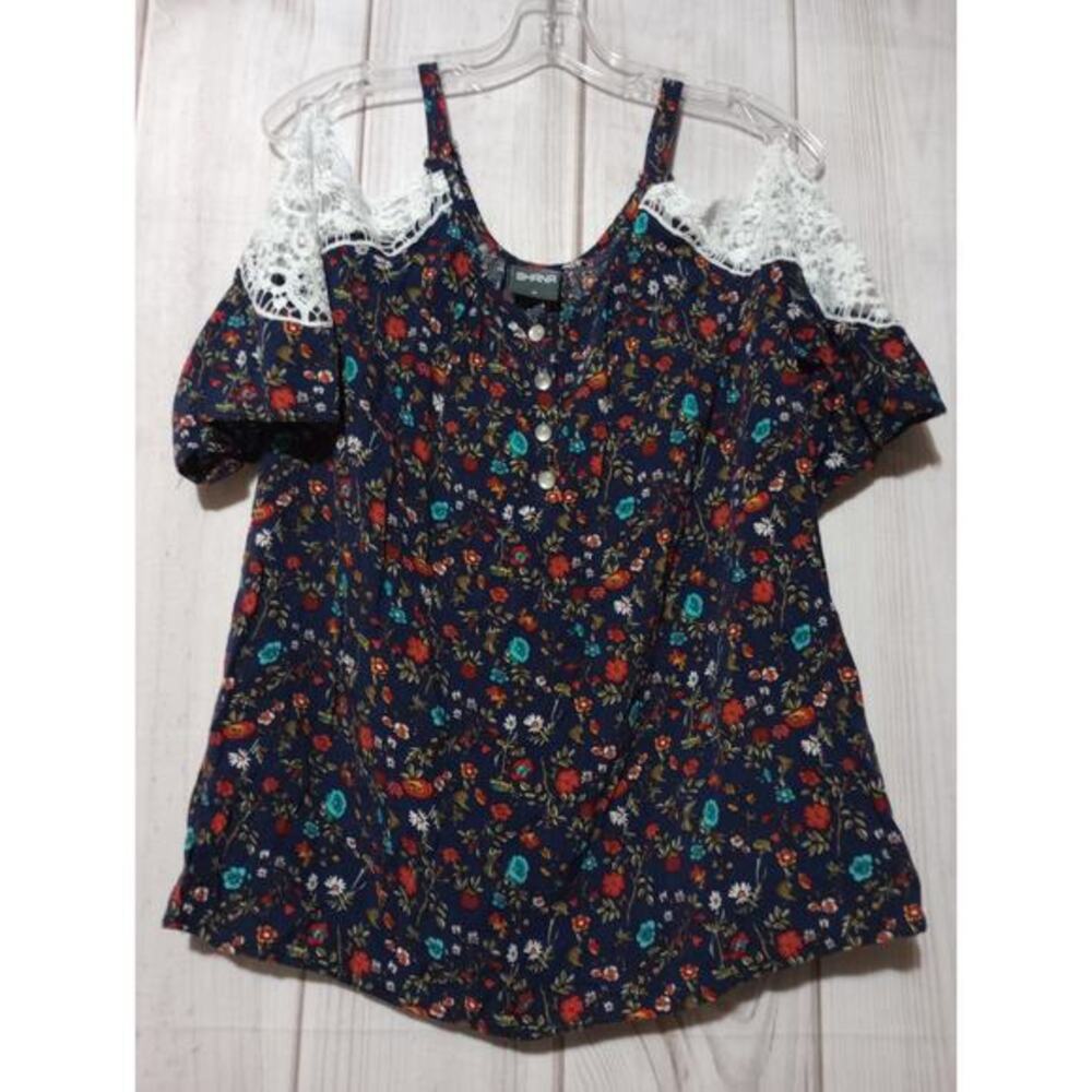 Shana Womens Navy Blue Floral Cold Shoulder Crochet Lace Button Front Top Size M